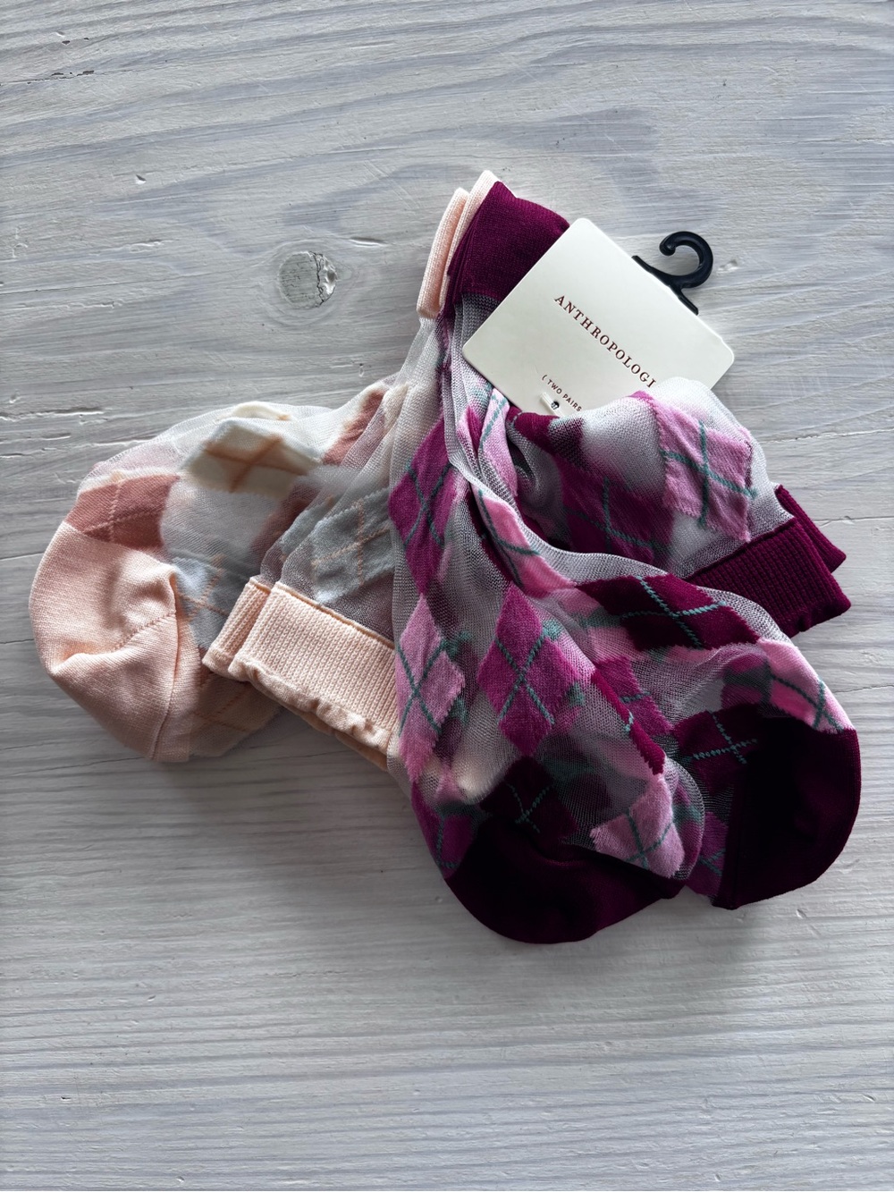 Anthropologie Sheer Argyle Ankle Socks in Peach, Light Blue & Burgundy 2 Pair